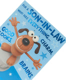 UK Greetings funny son-in-law birthday card featuring humorous design and colorful illustration for celebrating special occasions.