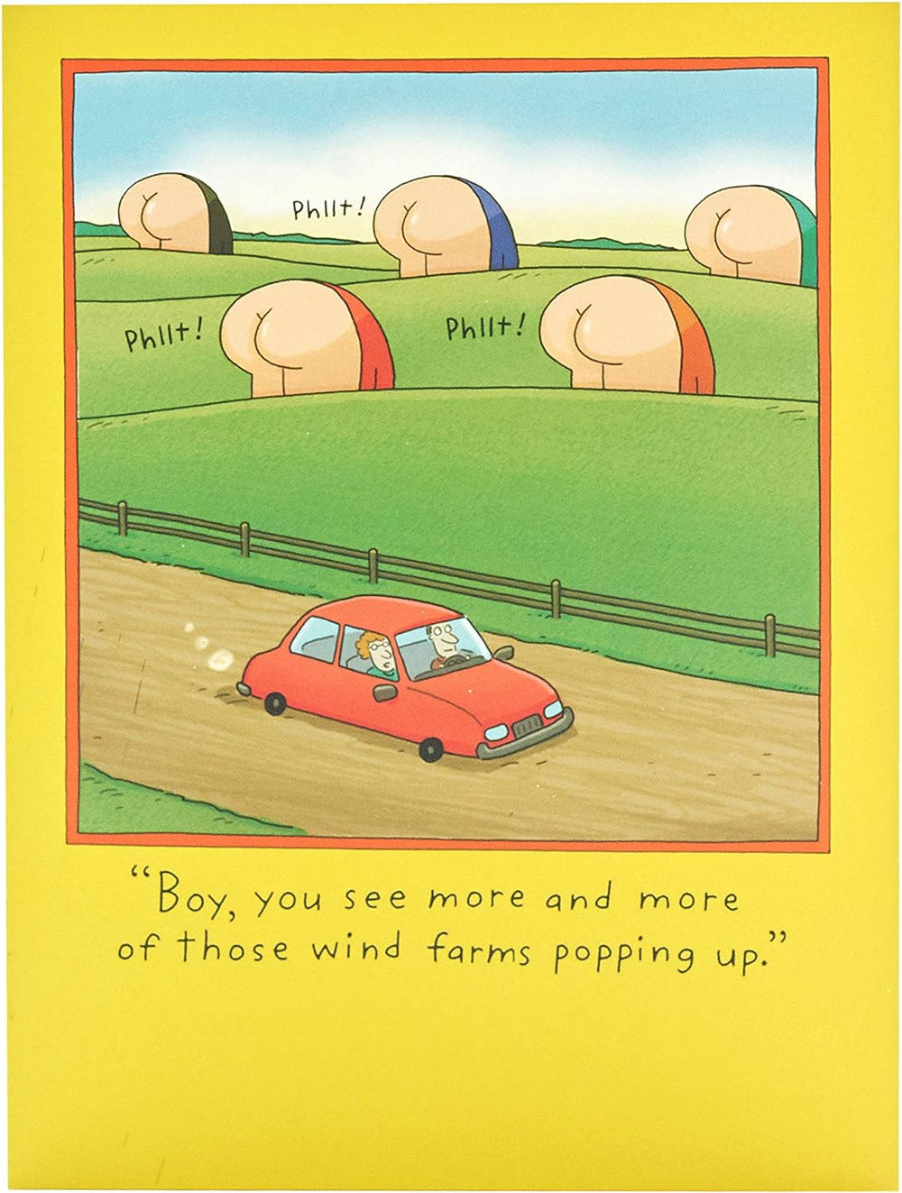 UK Greetings Funny Wind Farms birthday card featuring humorous wind turbine illustration and cheerful birthday message.