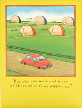 UK Greetings Funny Wind Farms birthday card featuring humorous wind turbine illustration and cheerful birthday message.
