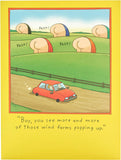 UK Greetings Funny Wind Farms birthday card featuring humorous wind turbine illustration and cheerful birthday message.