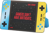 UK Greetings male birthday greeting card featuring a playful game design, open to reveal colorful inside artwork.