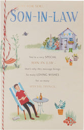 UK Greetings Garden Relax Son-in-Law Birthday Card, a greeting card featuring garden-themed artwork for birthdays.