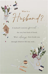 UK Greetings gardening design birthday card for husband, featuring colorful garden-themed illustrations and heartfelt message.