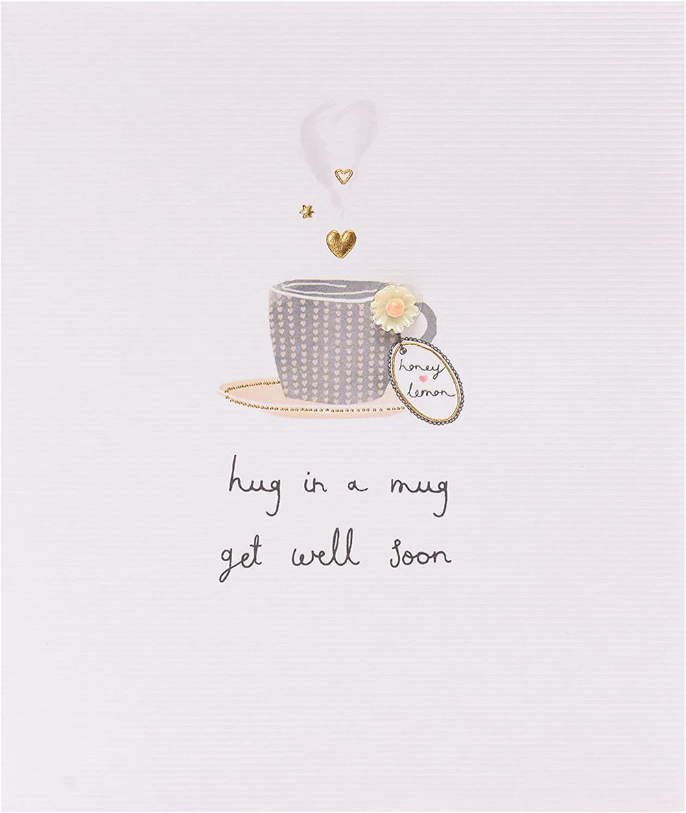 UK Greetings Get Well Soon handmade greeting card with a cozy mug design, perfect for sending warm wishes.