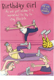 UK Greetings Giggles Yoga Humour Birthday Card featuring a playful yoga pose illustration on a colorful greeting card.
