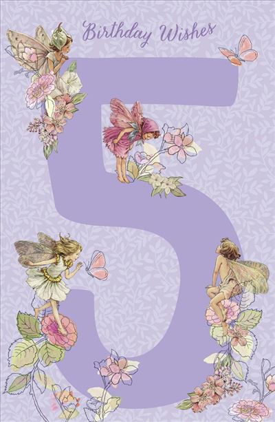 UK Greetings girl’s 5th birthday card featuring colorful flowers, fairies, and holographic finish, suitable for a 5-year-old girl celebration.