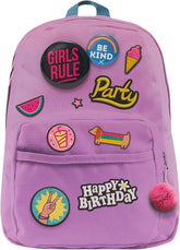 UK Greetings girls' fun backpack birthday greeting card with colorful design and two playful badges, perfect for celebrating birthdays