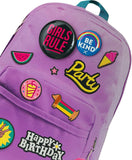UK Greetings girls' fun backpack birthday card with colorful design and two badges, perfect for celebrating birthdays.
