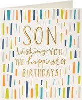 UK Greetings gold foil lettering son birthday card featuring elegant design and heartfelt message for special occasions.
