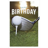 UK Greetings Golf Birthday Card featuring a Gibson design, showcasing a cheerful golf-themed illustration on the front.