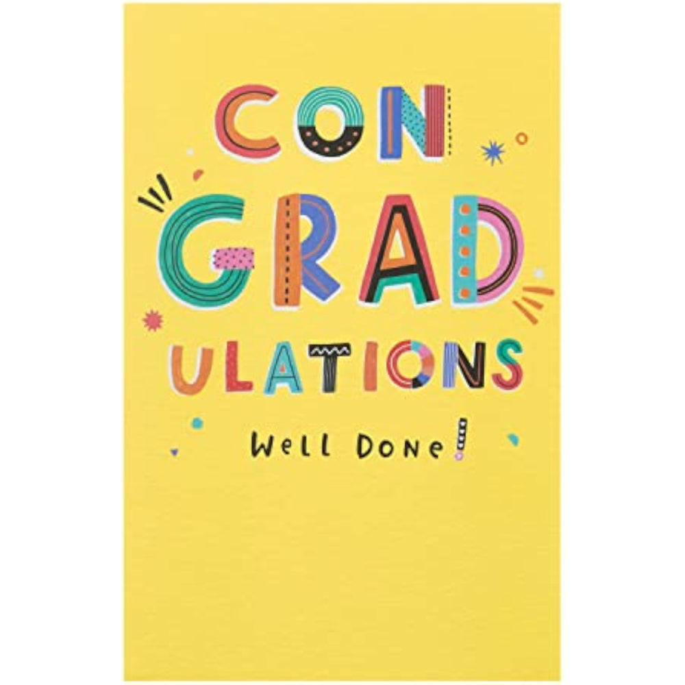 UK Greetings graduation card for him, her, or friend with yellow design and envelope, perfect for celebrating achievements.