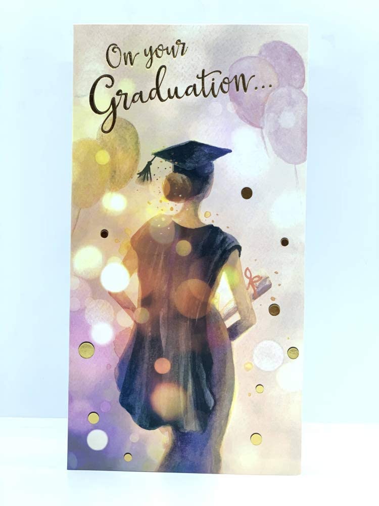 UK Greetings graduation card featuring a girl with balloons, celebrating graduation with colorful balloon illustrations.