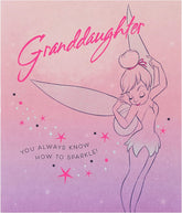 UK Greetings Disney Tinkerbell birthday card for granddaughter, featuring colorful Tinkerbell design on greeting card.