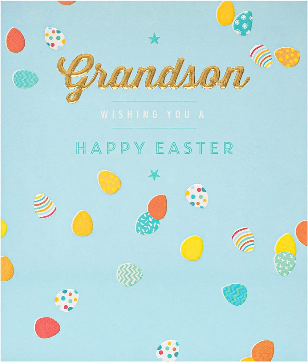 UK Greetings Grandson Easter card with envelope featuring a blue egg design, perfect for celebrating Easter with a special message.