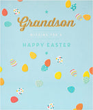 UK Greetings Grandson Easter card with envelope featuring a blue egg design, perfect for celebrating Easter with a special message.