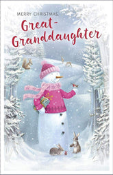 UK Greetings Great Granddaughter Christmas card featuring a snowman design, perfect for holiday greetings to a special great granddaughter.