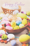 Set of five UK Greetings Easter greeting cards featuring colorful egg designs, perfect for sending Easter wishes to loved ones.