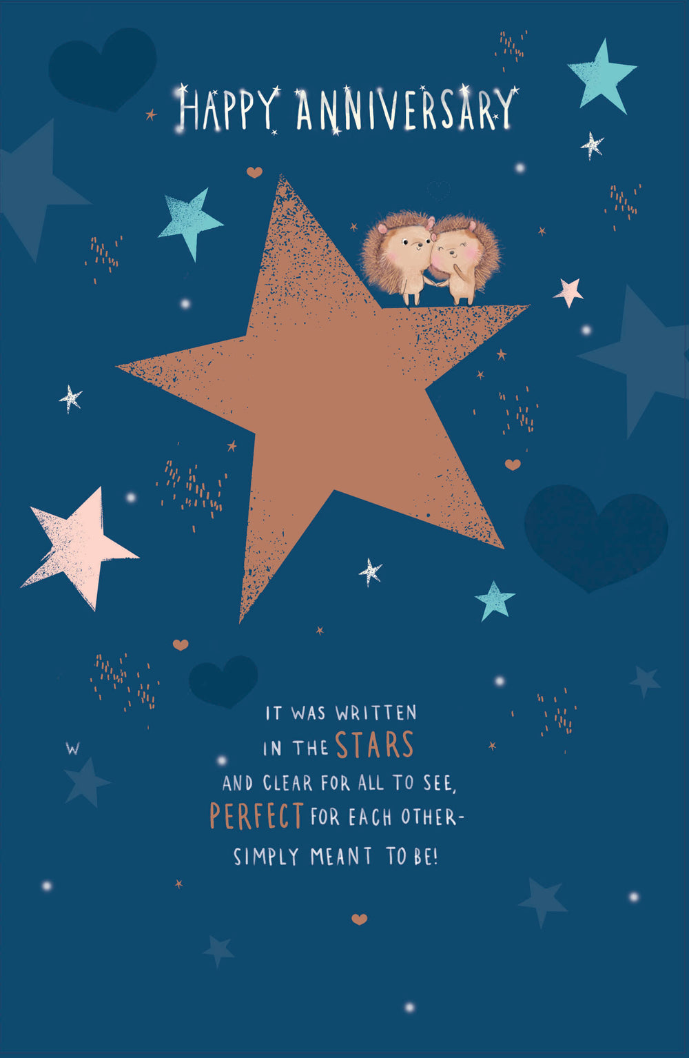 UK Greetings Hedgehogs and Stars anniversary greeting card with a shiny foil finish and charming design.