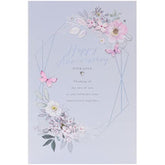 UK Greetings holographic floral anniversary greeting card with vibrant floral design and shiny holographic finish.