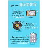 UK Greetings humorous nostalgic funny birthday card featuring colorful illustrations and playful message for birthday celebrations.