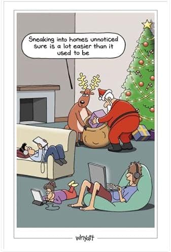 UK Greetings Christmas card featuring Santa and reindeer sneaking into homes, humorous holiday greeting card design.