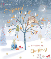 UK Greetings Husband Christmas card featuring gold foiled owls, festive design, perfect for holiday greetings.