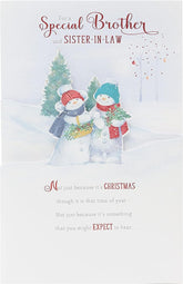 UK Greetings illustrated snowmen greeting card featuring holly and a basket, ideal for brother and sister-in-law.