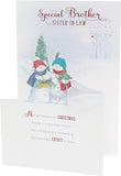 UK Greetings illustrated snowmen greeting card with holly and basket, designed for brother and sister-in-law, featuring festive winter imagery.