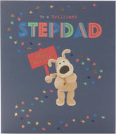 UK Greetings birthday greeting card for stepdad with integrated message, featuring colorful design and "55" milestone theme.