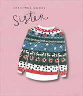 UK Greetings jumper design Christmas card featuring festive graphics for a special sister, perfect for holiday greetings.