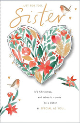 UK Greetings Just for You Sister Christmas Card with gold foiled heart design, perfect for holiday greetings and heartfelt wishes.