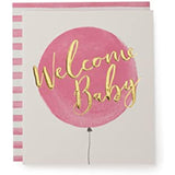 UK Greetings Kindred welcome balloon baby girl greeting card with white and pink design, featuring cheerful balloon illustrations.