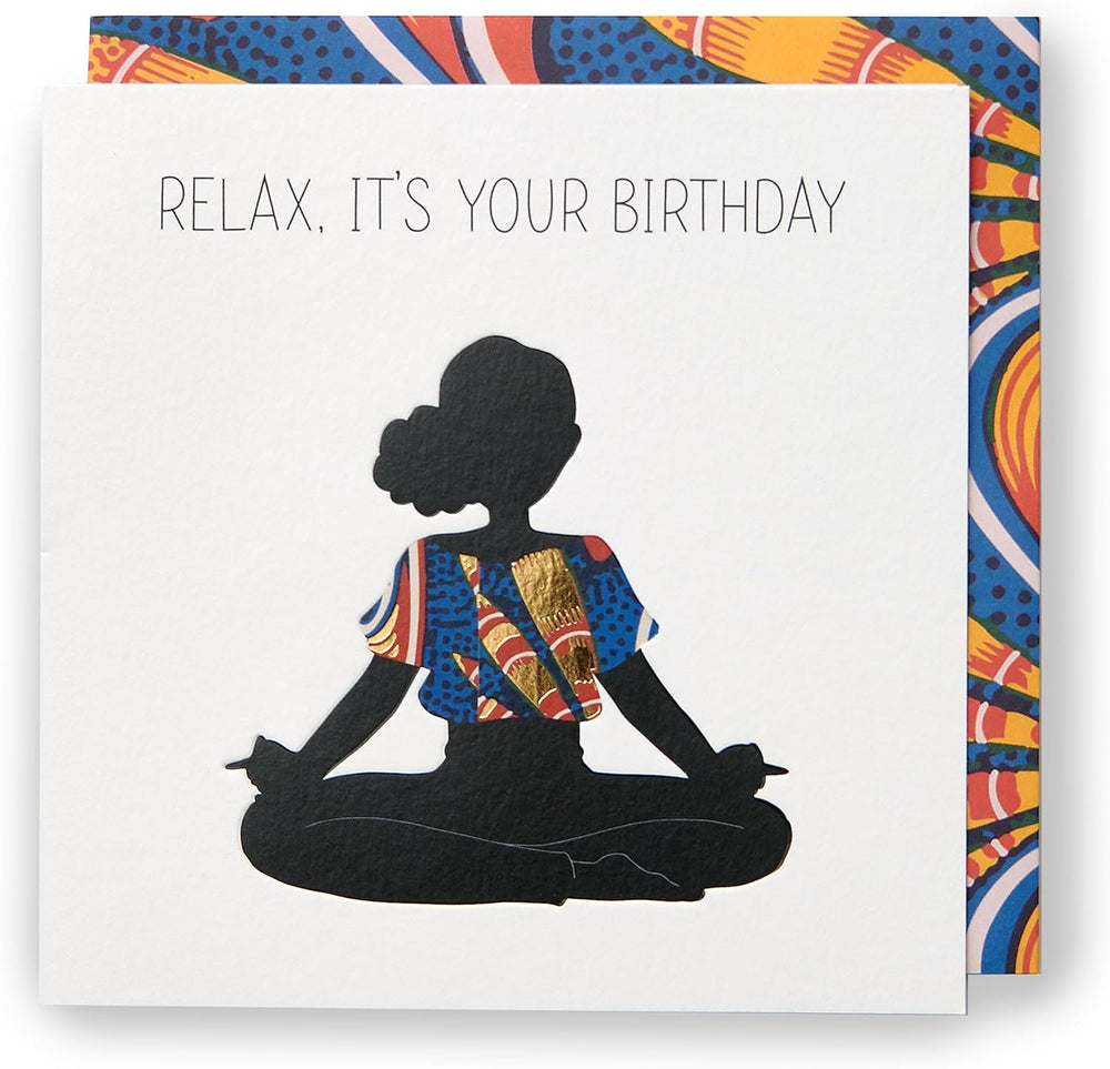 UK Greetings Kindred X Afrotouch birthday greeting card featuring a relaxing design with vibrant colors and artistic illustrations.