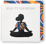 UK Greetings Kindred X Afrotouch birthday greeting card featuring a relaxing design with vibrant colors and artistic illustrations.