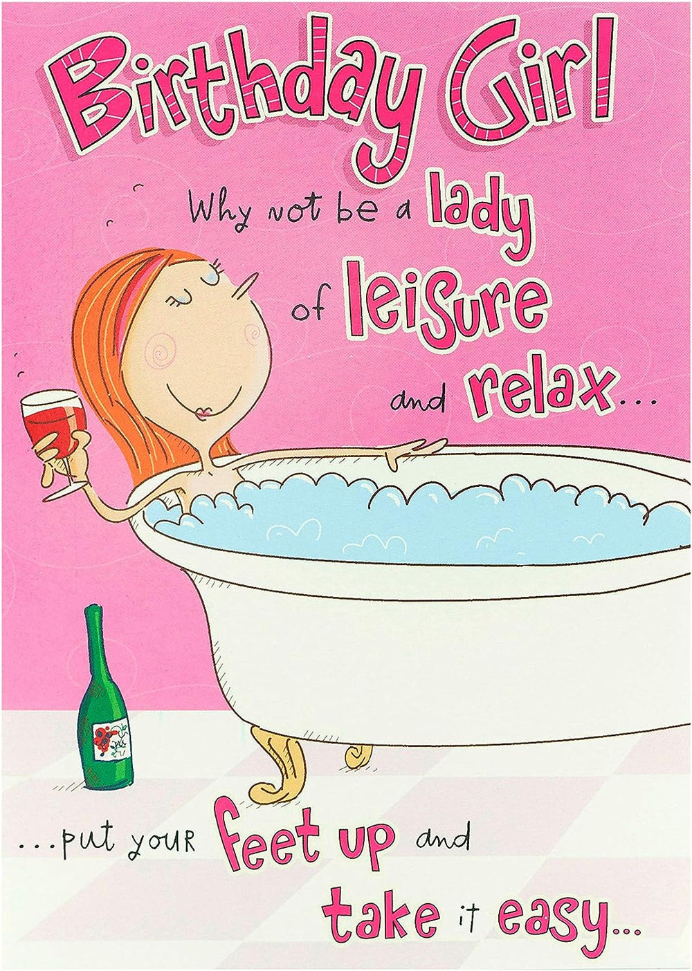 UK Greetings Lady of Leisure humorous girl birthday card featuring a cheerful girl with giggles, ideal for birthday celebrations.