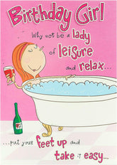 UK Greetings Lady of Leisure humorous girl birthday card featuring a cheerful girl with giggles, ideal for birthday celebrations.