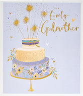 UK Greetings birthday greeting card with a lovely cake design and sparklers, perfect for celebrating your godmother.