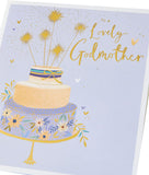 UK Greetings birthday greeting card featuring a lovely design with cake sparklers, perfect for celebrating a godmother.