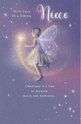 UK Greetings Christmas greeting card featuring a fairy, wand, and stars design for niece, with festive holiday imagery.