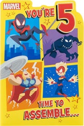 UK Greetings Marvel 5th birthday card for him with cartoon superhero design and envelope, perfect for a young boy's celebration.