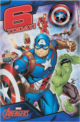 UK Greetings Marvel 6th birthday card for boys featuring Avengers design with envelope, perfect for celebrating his special day.