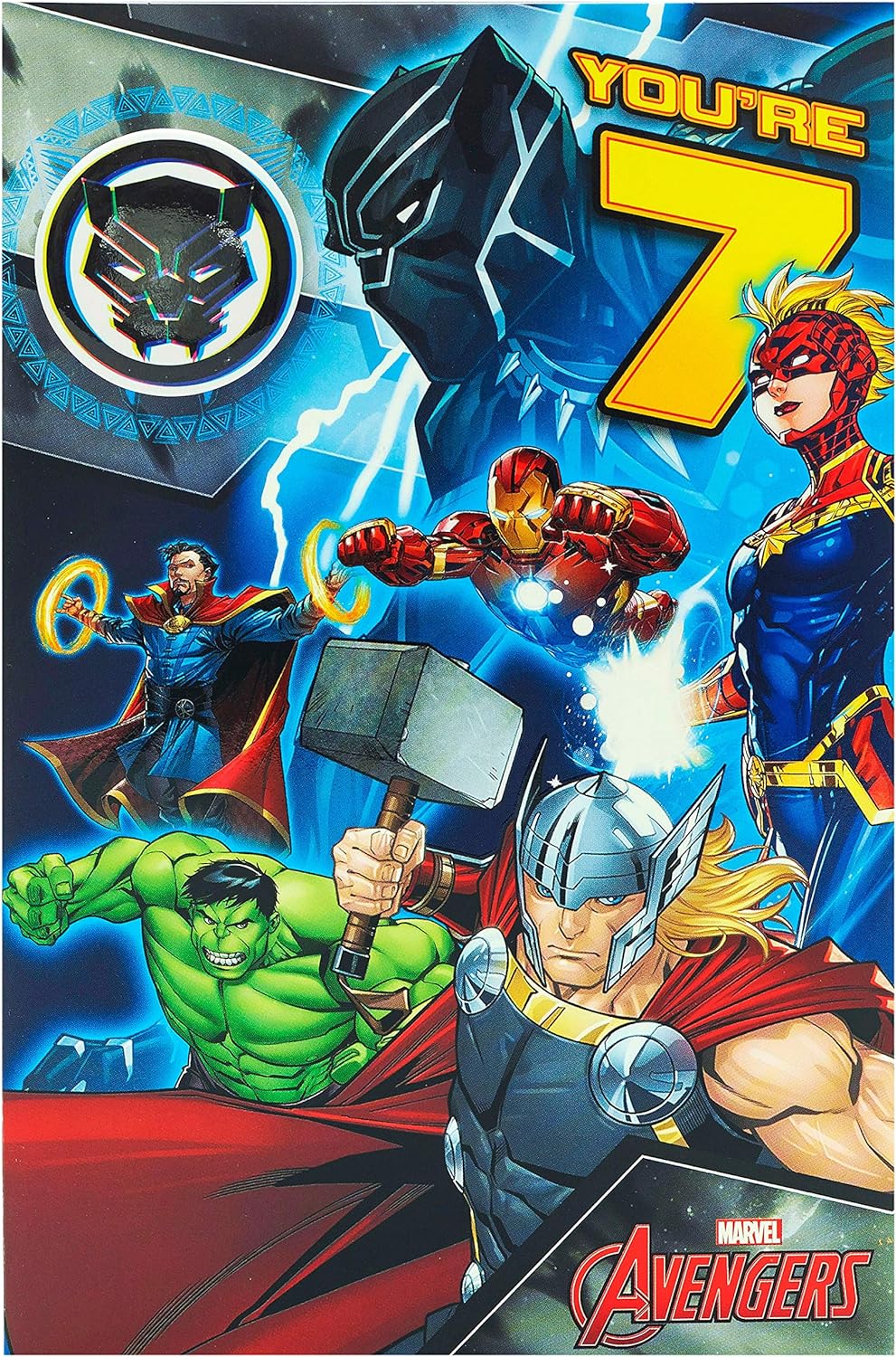UK Greetings Marvel Avengers 7th birthday greeting card with badge featuring superhero characters and colorful design.