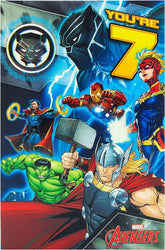 UK Greetings Marvel Avengers 7th birthday greeting card with badge featuring superhero characters and colorful design.