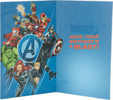 UK Greetings Marvel Avengers 7th birthday card with badge featuring Marvel superheroes and colorful birthday design.