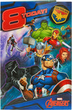 Marvel Avengers 8th birthday greeting card with badge from UK Greetings featuring superhero characters and colorful design.