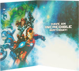 UK Greetings Marvel Avengers 8th birthday greeting card featuring Marvel characters and a badge for celebrating an 8th birthday.