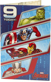 UK Greetings Marvel Avengers birthday card for age 9 featuring superhero characters and colorful design.