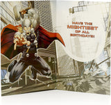 Marvel Avengers birthday card for age 9 by UK Greetings featuring superhero characters and vibrant comic book style artwork.
