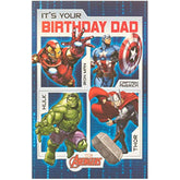 Marvel Avengers themed Dad birthday greeting card by UK Greetings featuring superhero characters and colorful design.