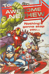 Marvel-themed UK Greetings birthday card featuring colorful superhero design for an awesome nephew.